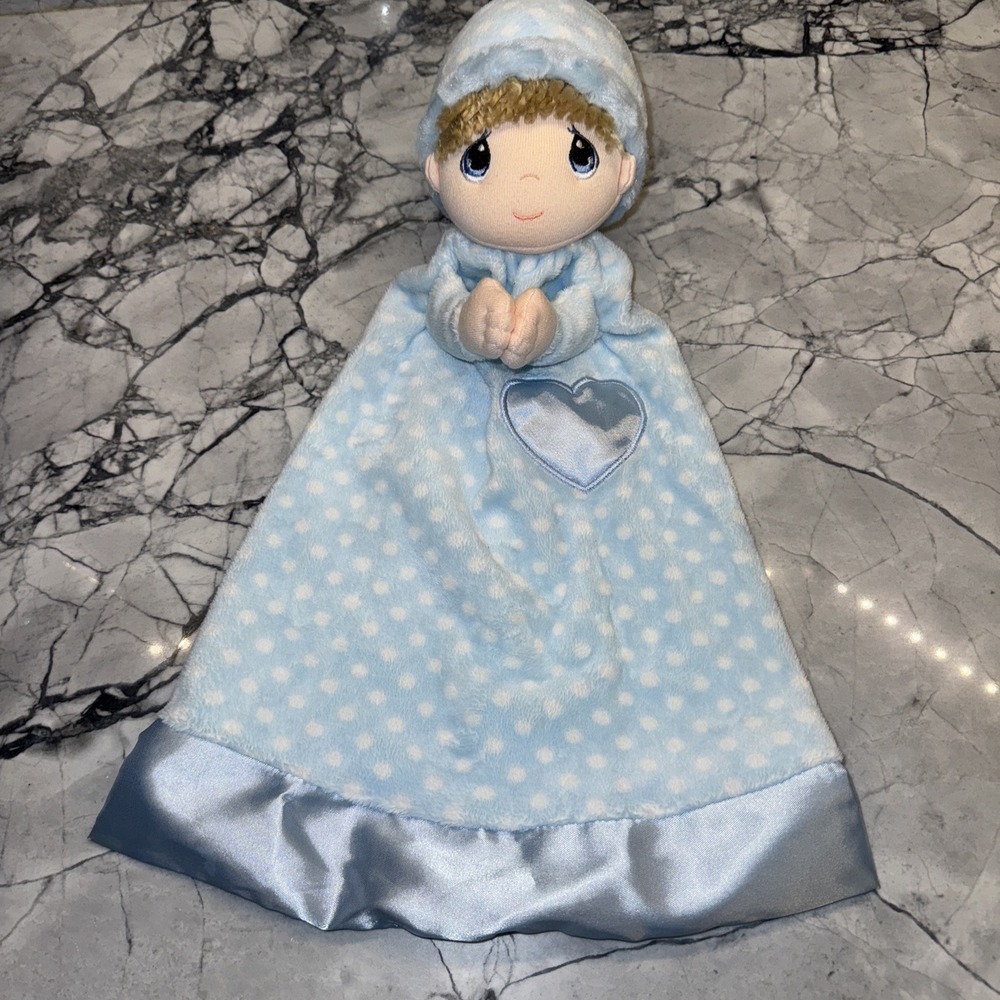 Precious Moments Blue White Polka Dot Baby Heart Lovey Security Blanket Plush